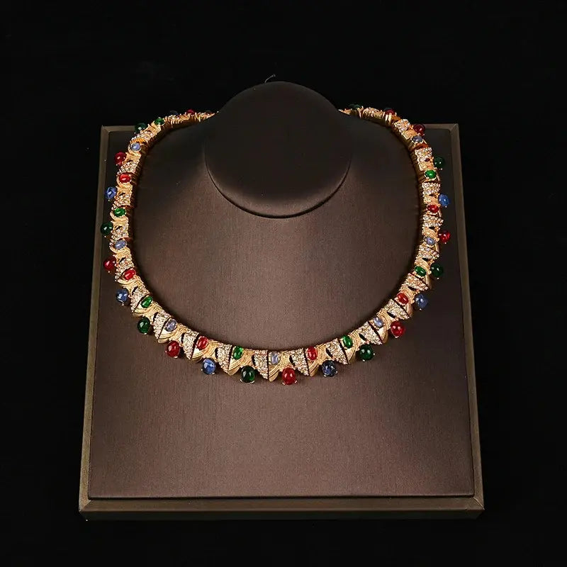 Parure Collier Boucles d'Oreilles Bracelet Vintage Strass