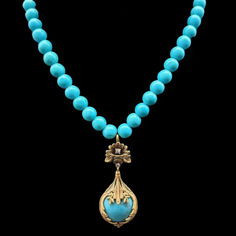 Ensemble collier clous d'oreilles fleuris en trois dimensions élégant style cour vintage incrusté de turquoise