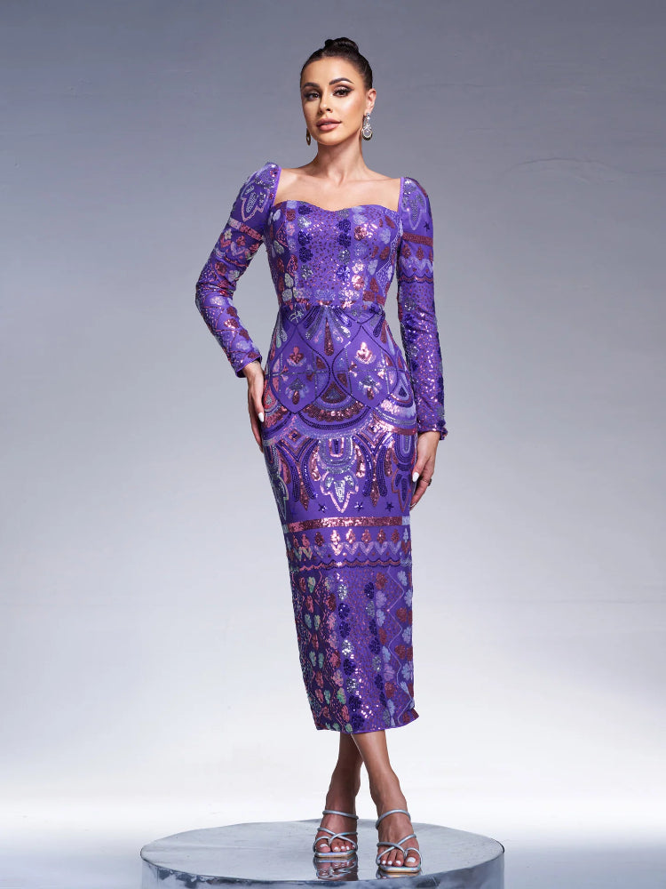 Square neck sequined sexy long-sleeved dress