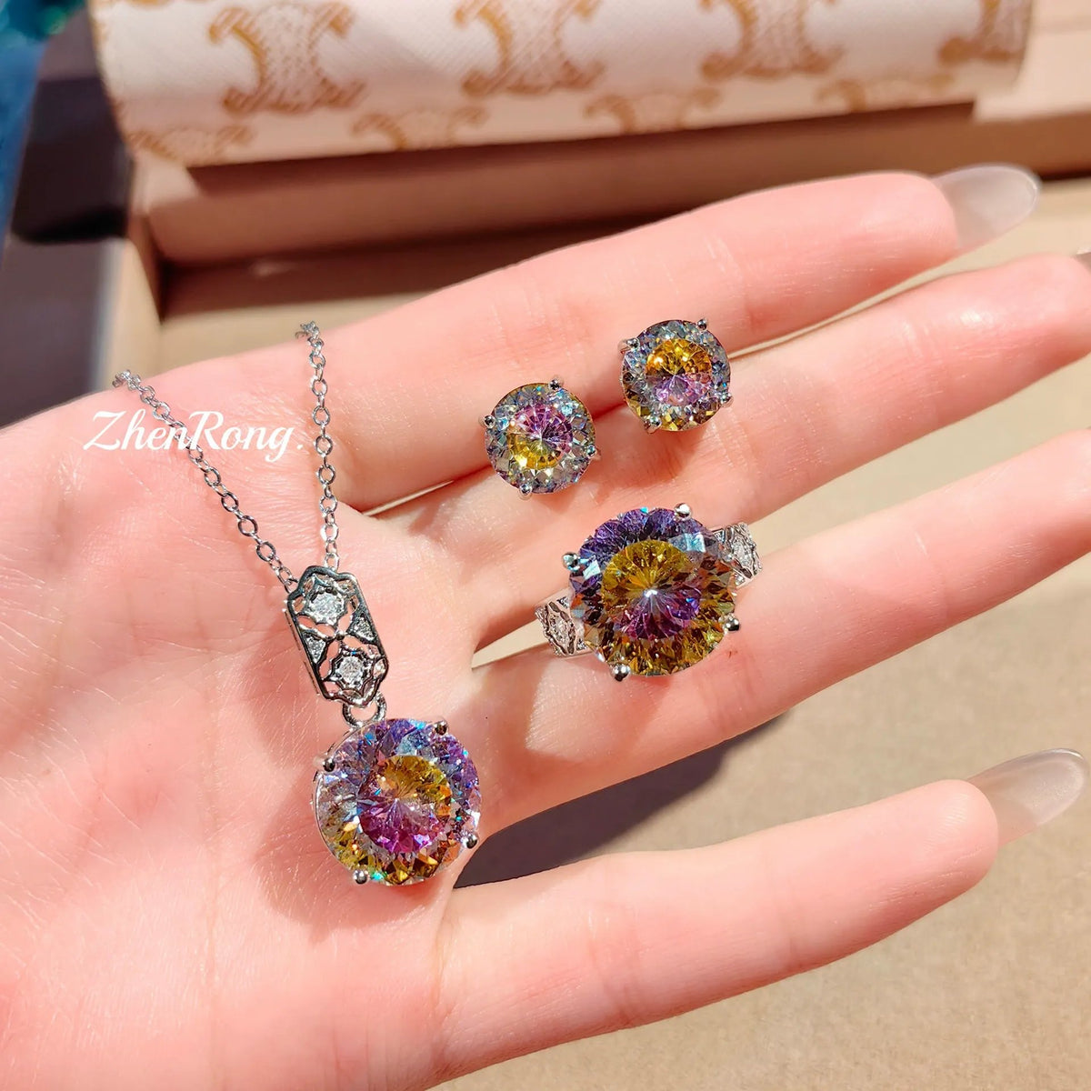 Luxury Blue Green Crystal Jewelry Set – Pendant Necklace Stud Earrings & Ring for Women