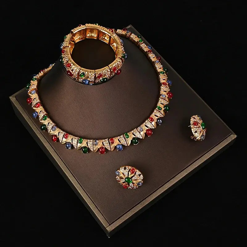 Parure Collier Boucles d'Oreilles Bracelet Vintage Strass