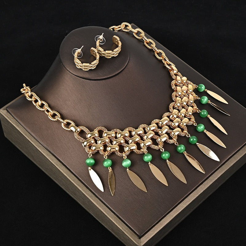 Green Glazed Hollow Opal Necklace and Earrings Set