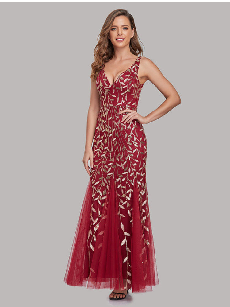 Sexy ärmelloses, besticktes Slim-Fit-Kleid mit V-Ausschnitt