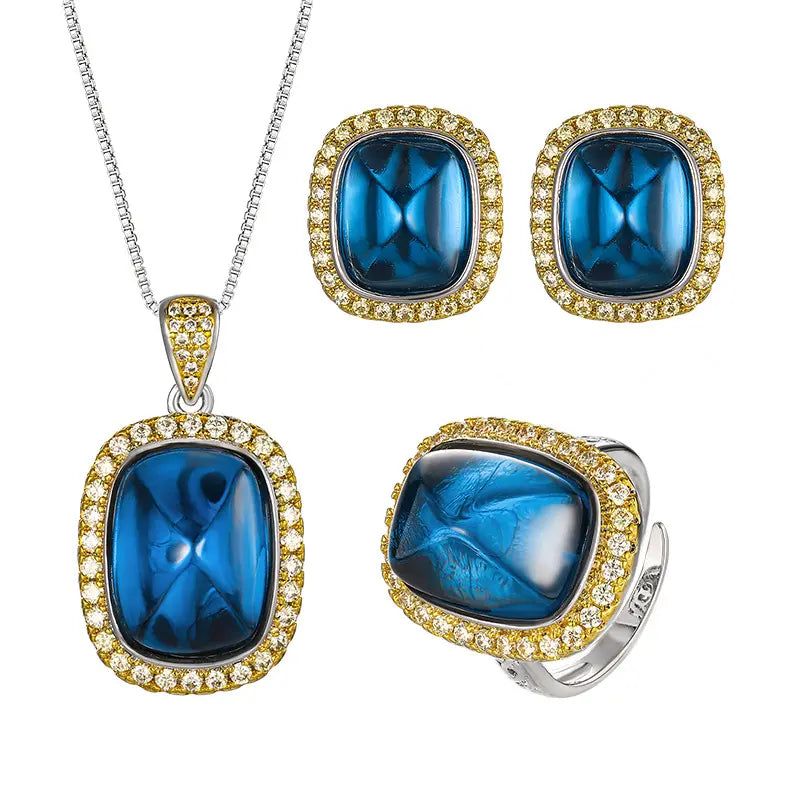Parure de bijoux vintage avec collier, boucles d'oreilles et bague en zircon bleu
