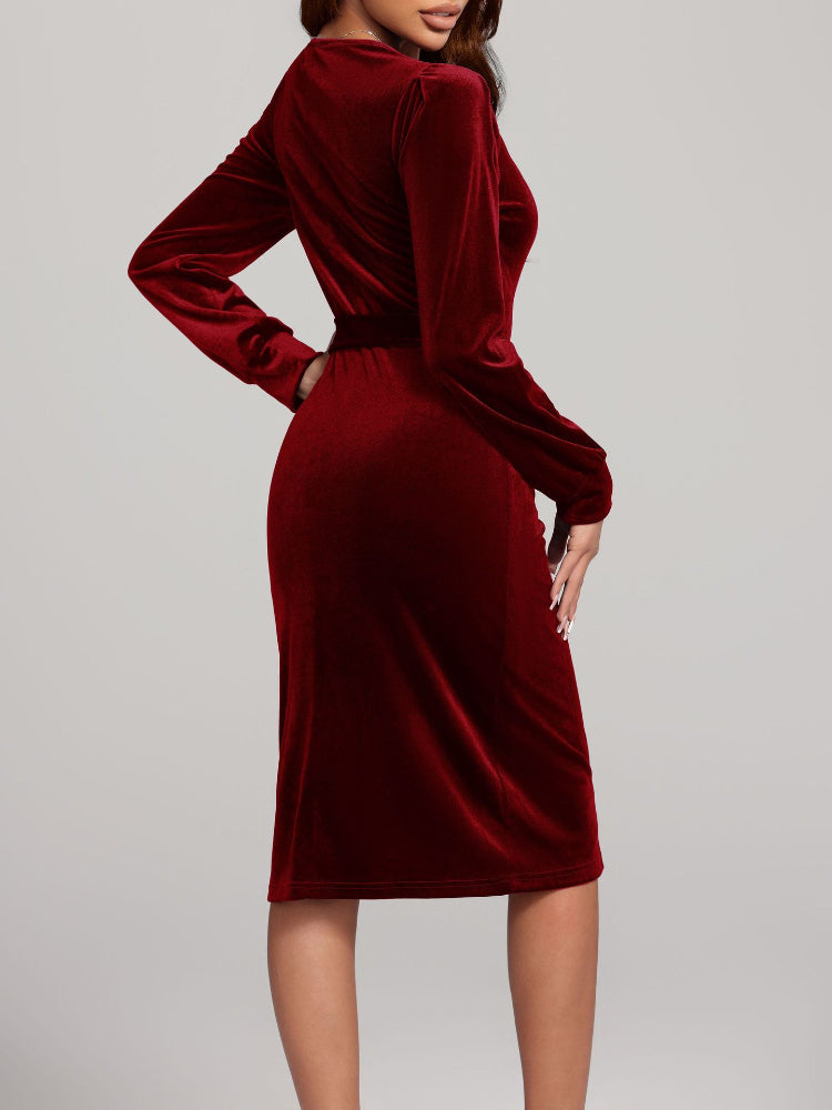 Long sleeved waistband temperament velvet dress