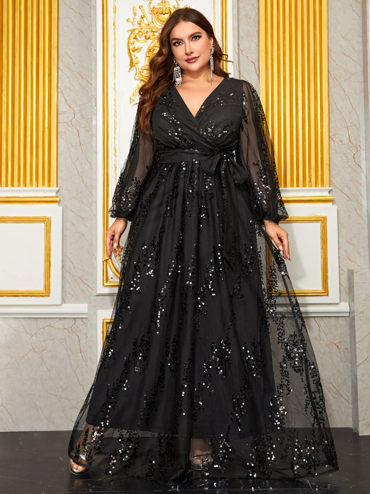 Large Sequin Embroidered V-Neck Party Evening Dress