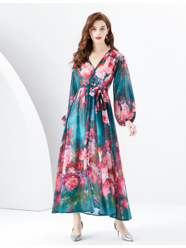 V-neck lantern sleeve wavy edge painted dress