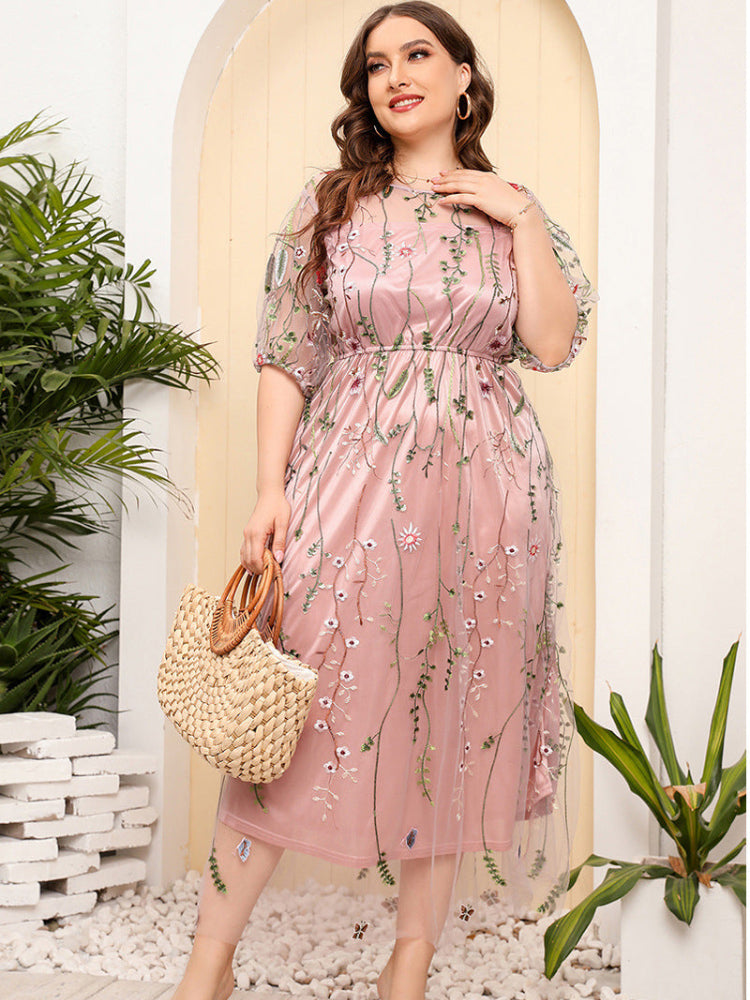 French plus size mesh embroidered dress