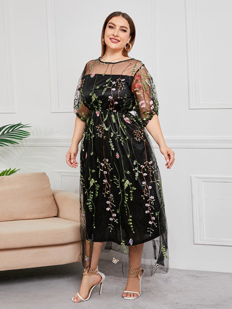 French plus size mesh embroidered dress