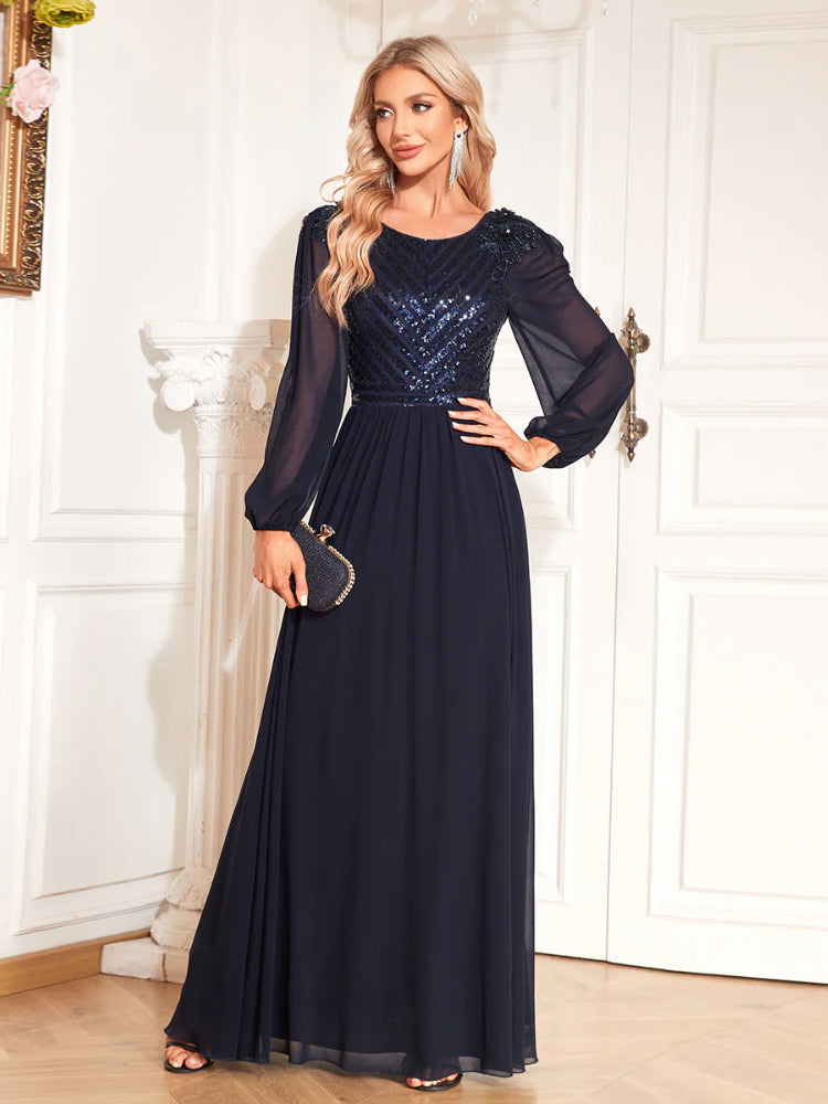 Fashion sequin temperament long-sleeved evening dress