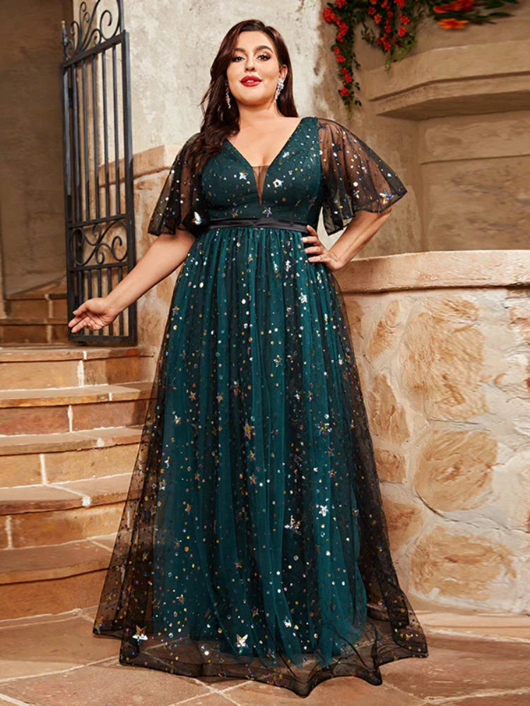 Large Size Sequin Embroidered V-Neck Bubble Sleeve Dress