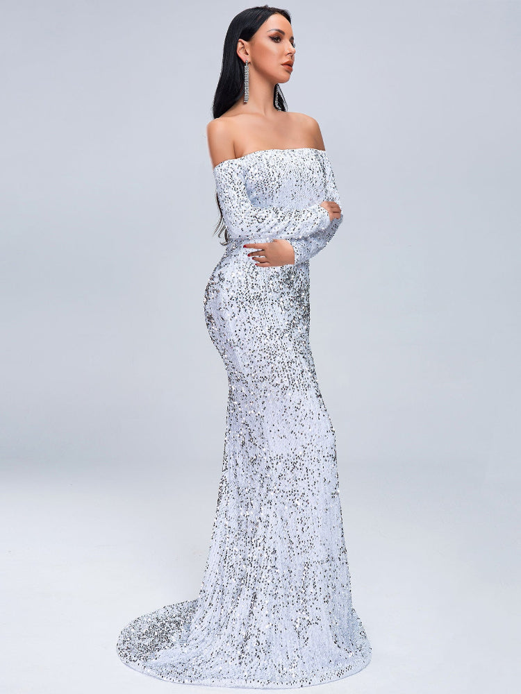 Sexy tube top one-word shoulder long-sleeved sequin dress