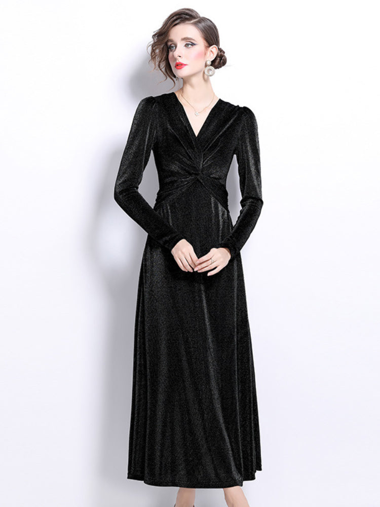 Niche velvet temperament waist long-sleeved dress