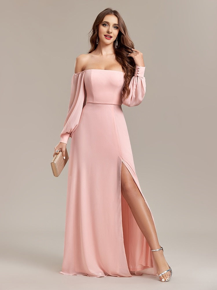 Elegant Curve Shoulder Chiffon Dress