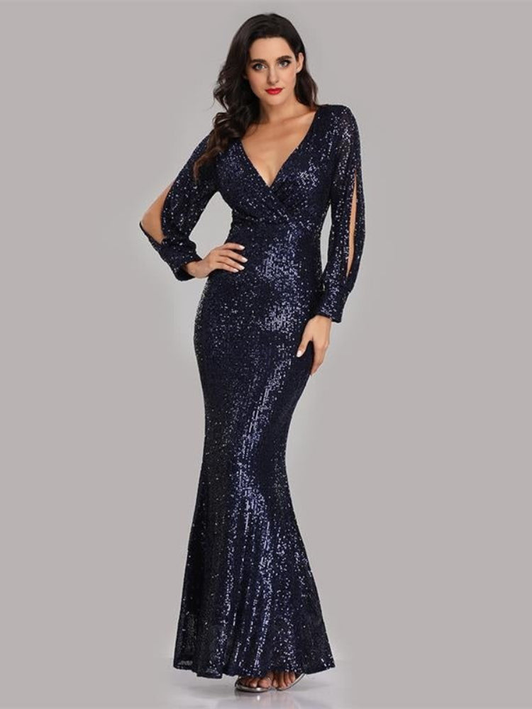 Large Size Long Sleeve V-Neck Sequined Fishtail Dress