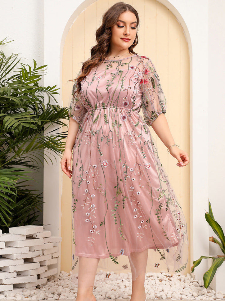 French plus size mesh embroidered dress