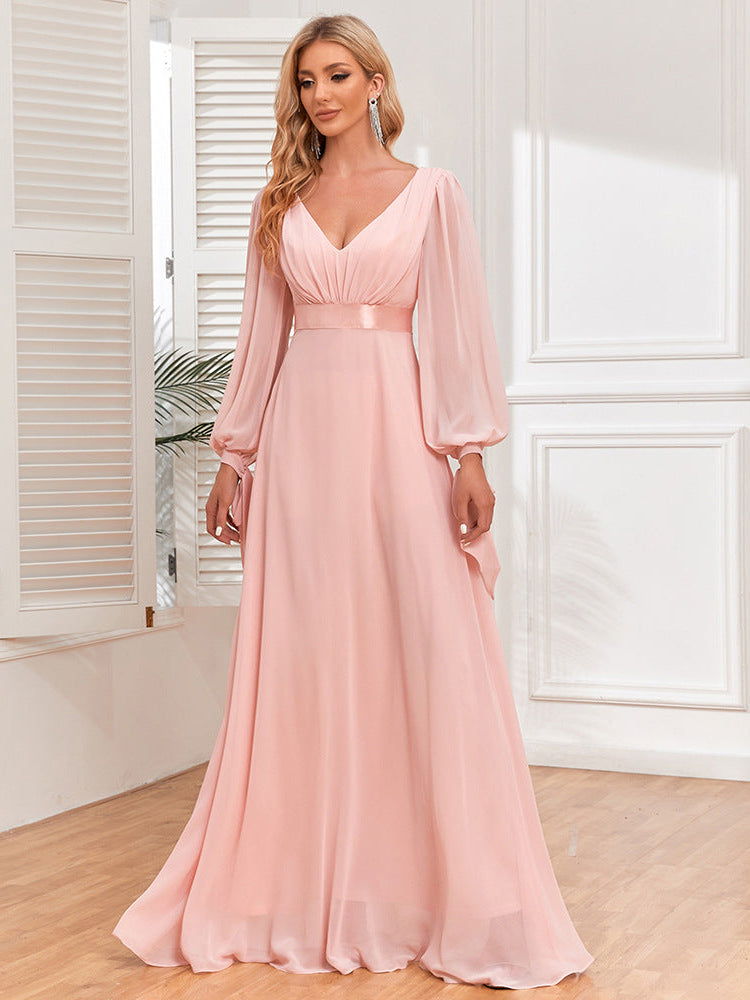 Chiffon long-sleeved double V-neck splicing dress