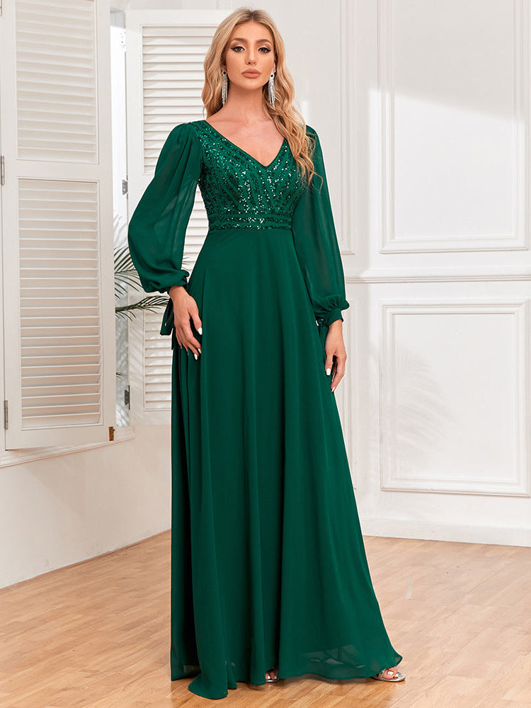 Green V-neck bead spliced chiffon dress