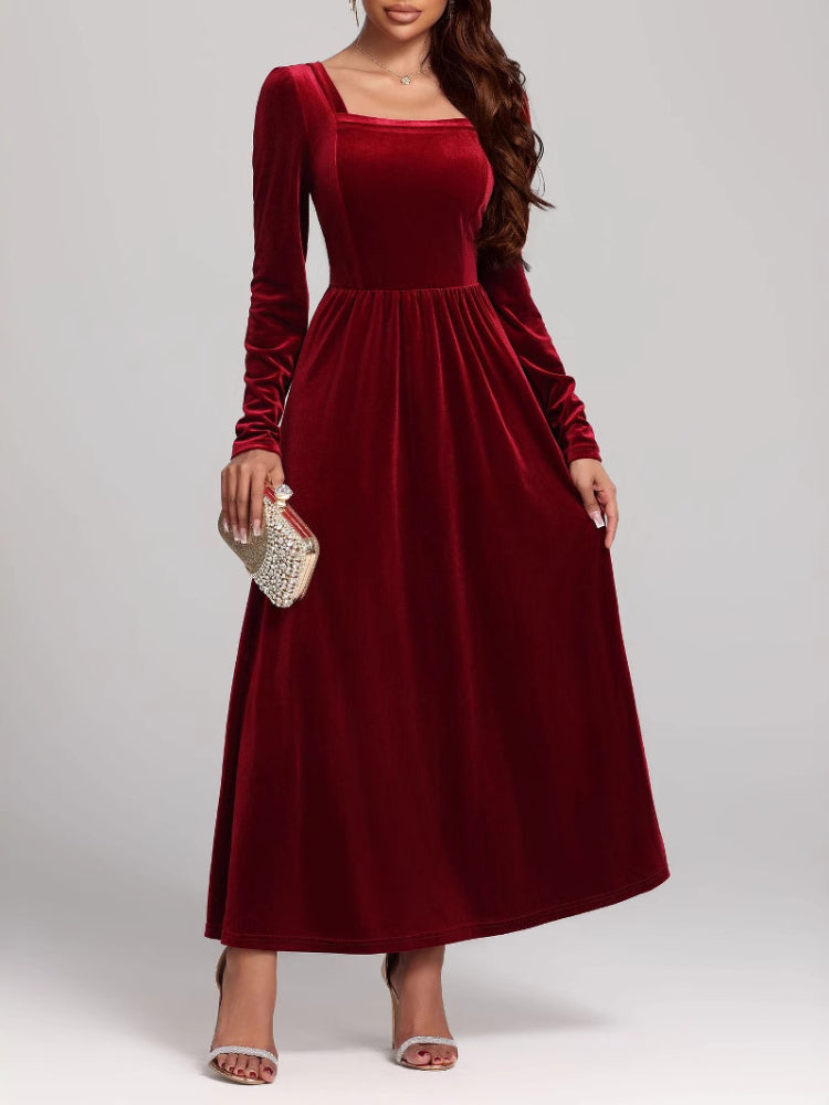 Red evening dress long dress golden velvet dress