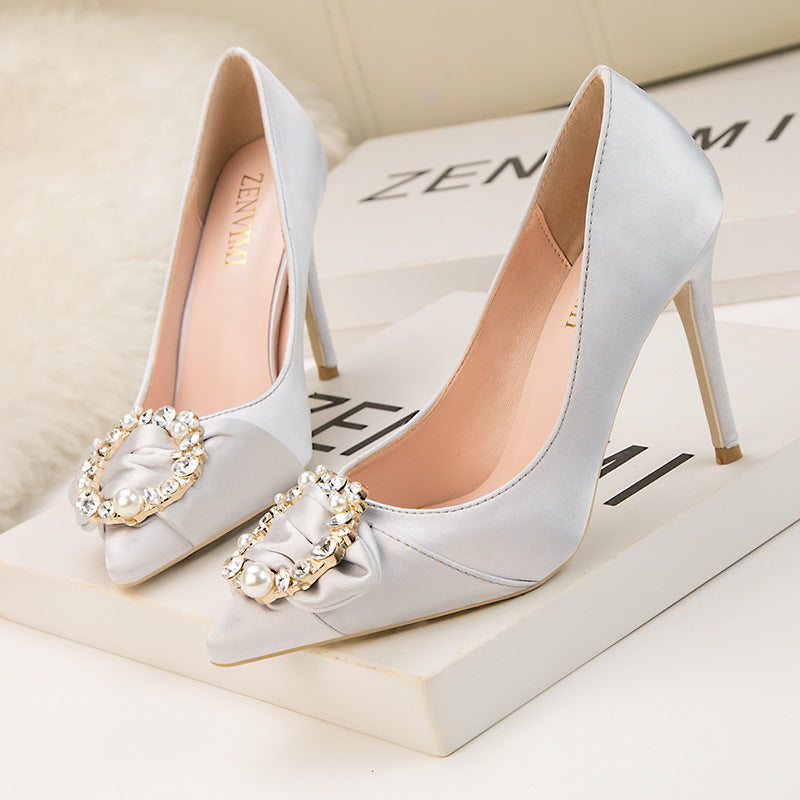 Stylish shiny rhinestone buckle high heels