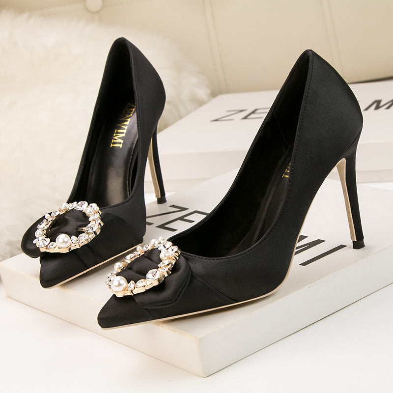 Stylish shiny rhinestone buckle high heels