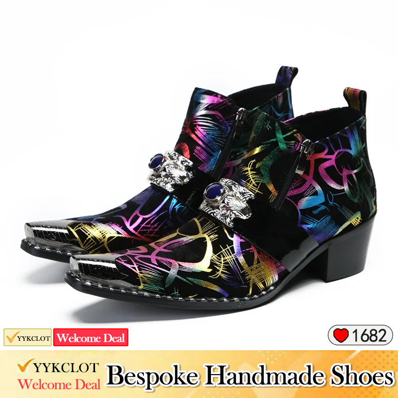 Colorful stylish high-heeled boots Pointy motorcycle boots for men