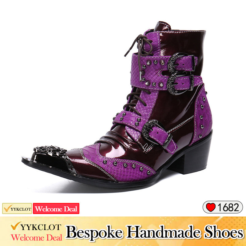 purple Men's High Top Brogue Booties Banquet Leather Boots Men's Boots