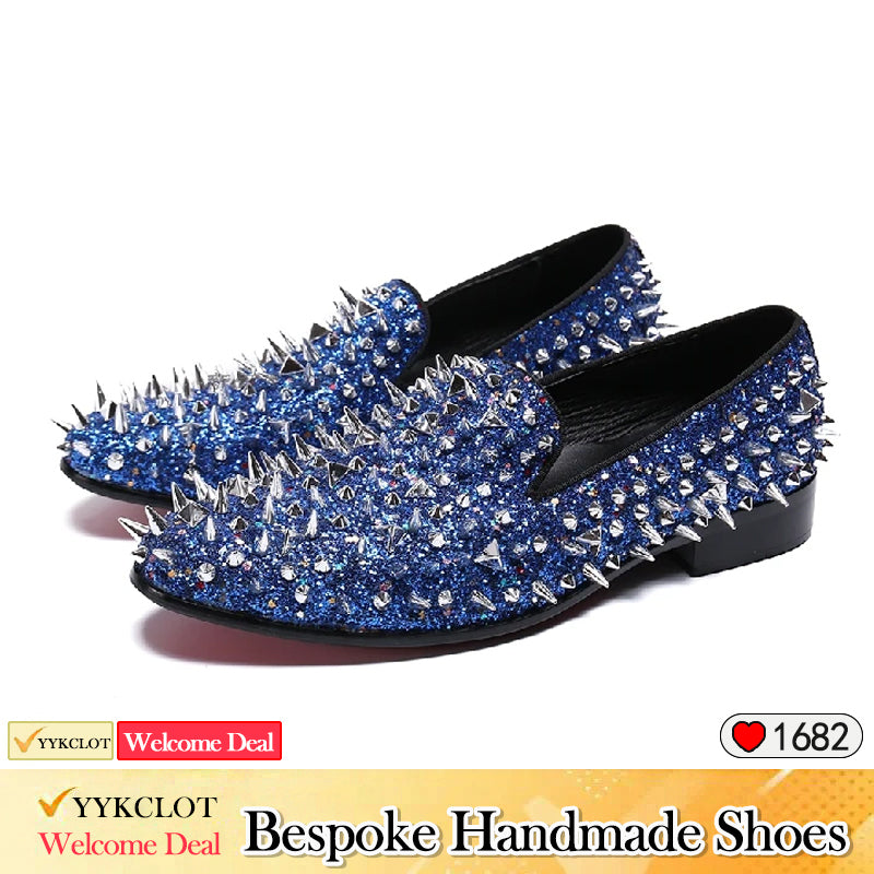 Blue punk studded leather shoes Men's fashion party shoes