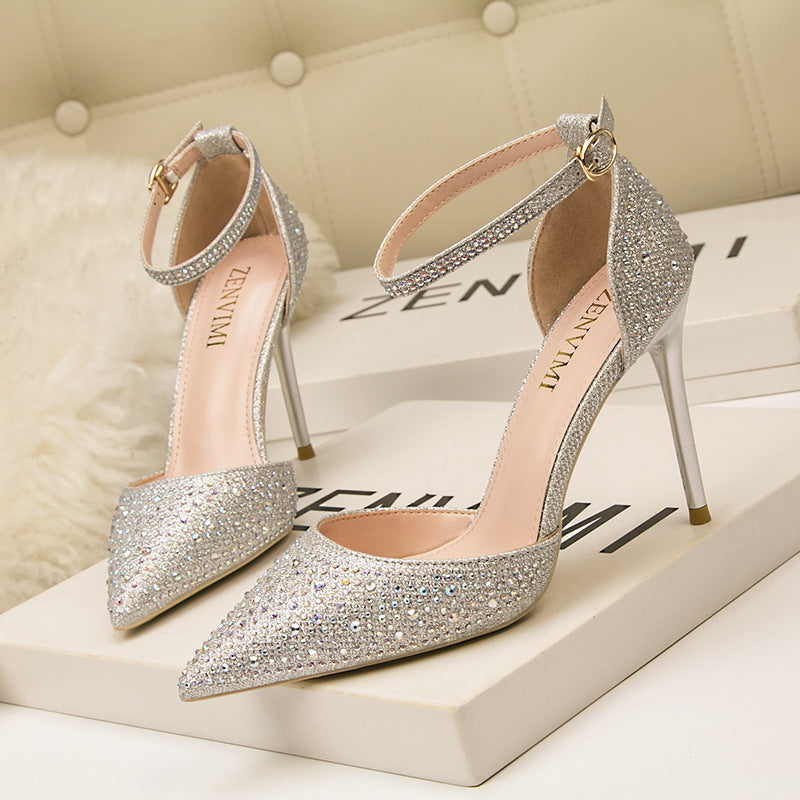 Hollow word with shiny rhinestone heels