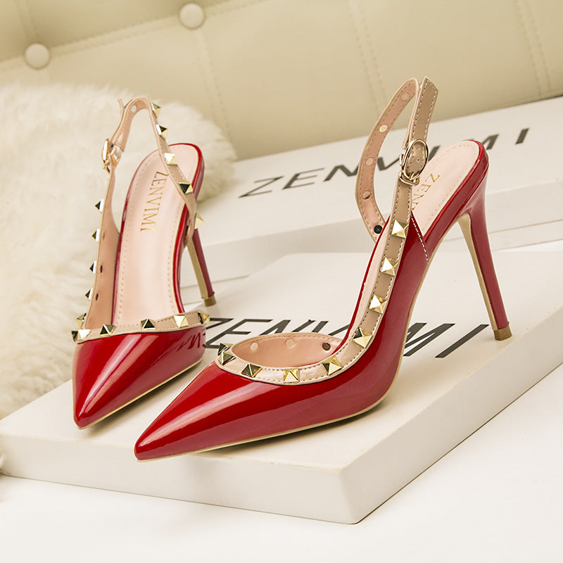 Simple pointed rivet hollow high heel women's sandals