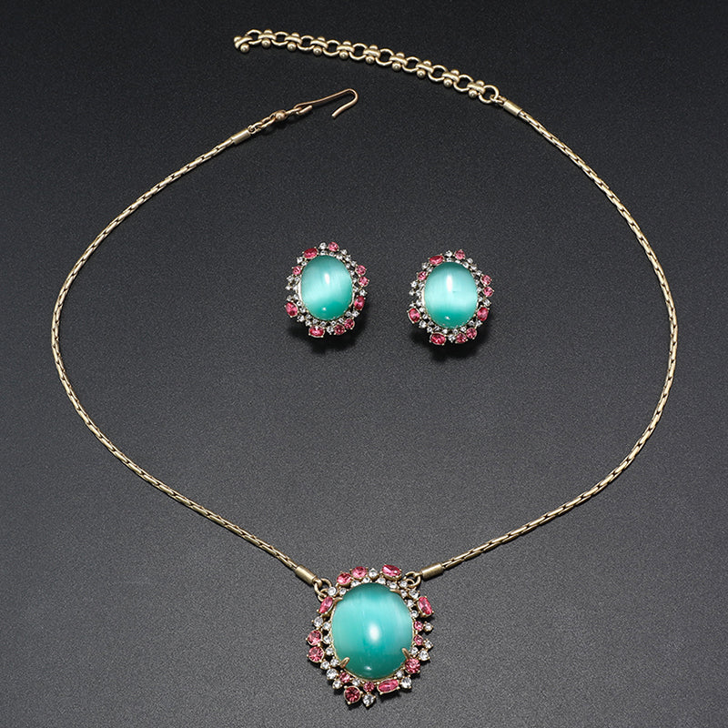 Elegant Turquoise & Pink Crystal Gold Jewelry Set for Formal Galas