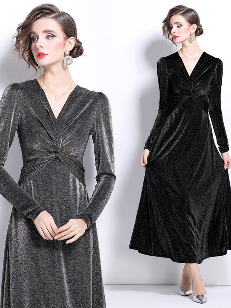 Niche velvet temperament waist long-sleeved dress