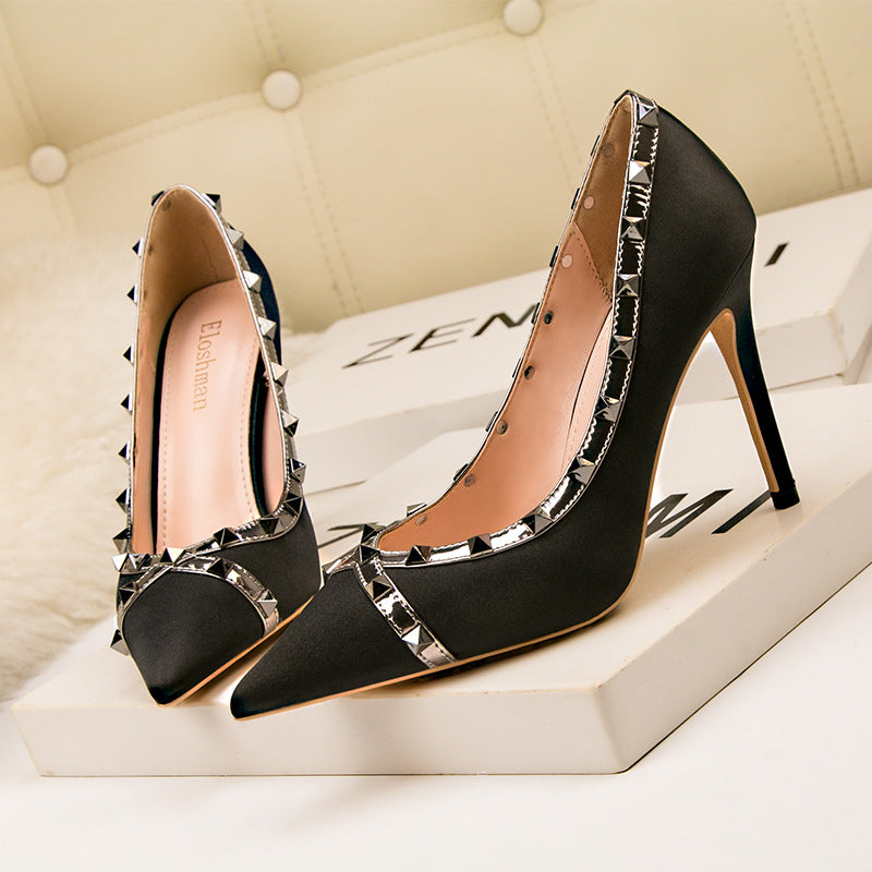 Nightclub Rivet Satin Light Mouth Pointed High Heels