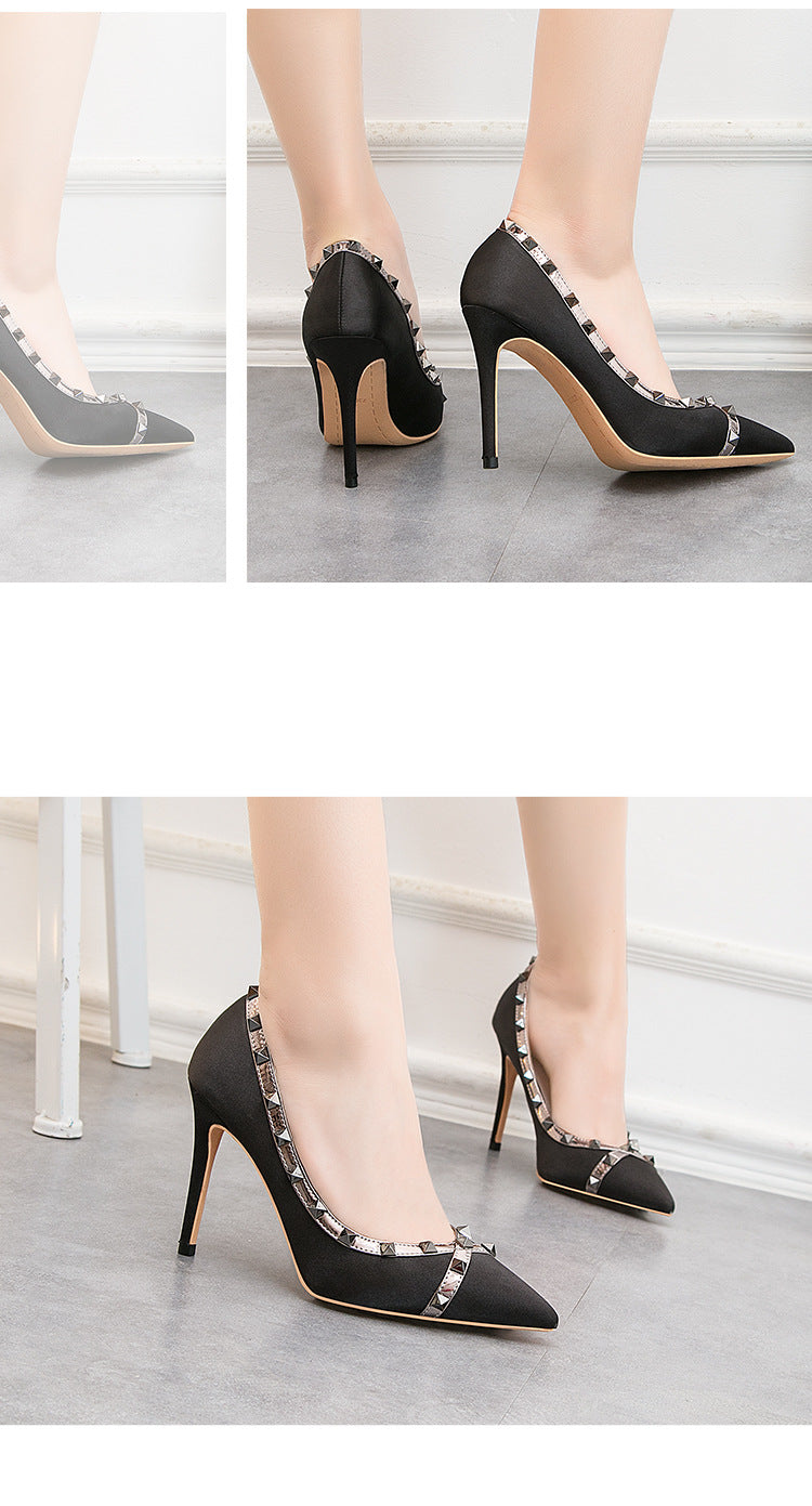 Nightclub Rivet Satin Light Mouth Pointed High Heels