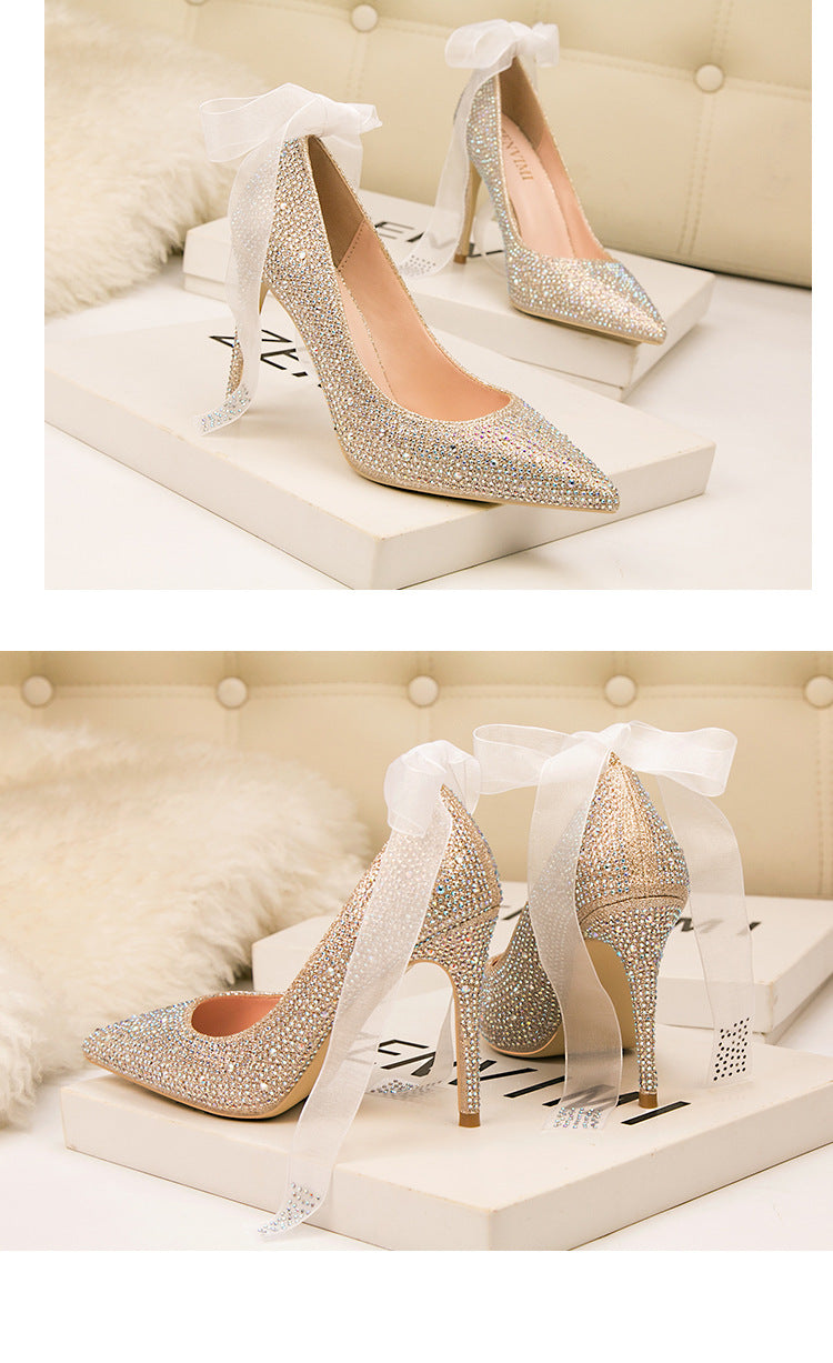 Pointed sexy rhinestones colored diamonds wedding banquet high heels