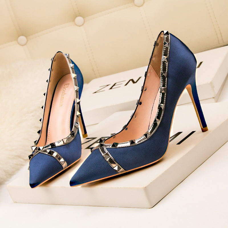 Nightclub Rivet Satin Light Mouth Pointed High Heels