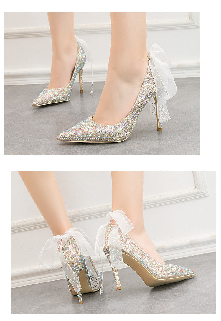 Pointed sexy rhinestones colored diamonds wedding banquet high heels