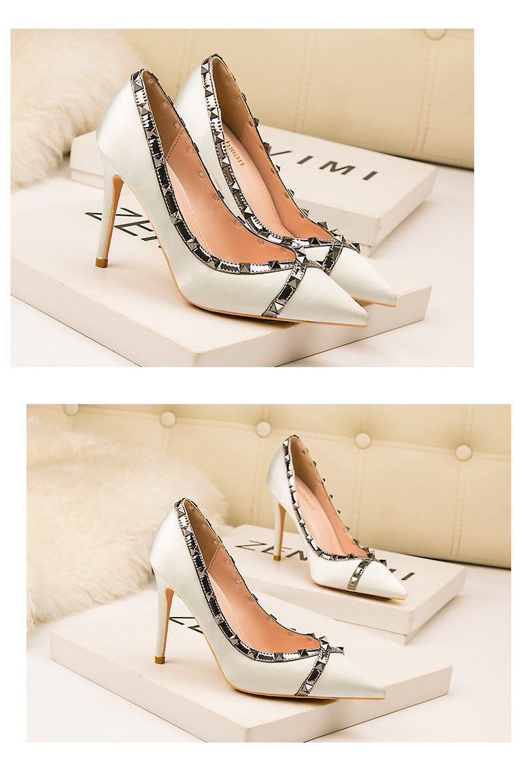 Nightclub Rivet Satin Light Mouth Pointed High Heels