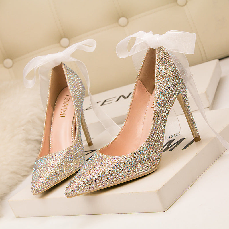 Pointed sexy rhinestones colored diamonds wedding banquet high heels