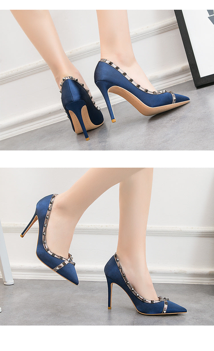 Nightclub Rivet Satin Light Mouth Pointed High Heels