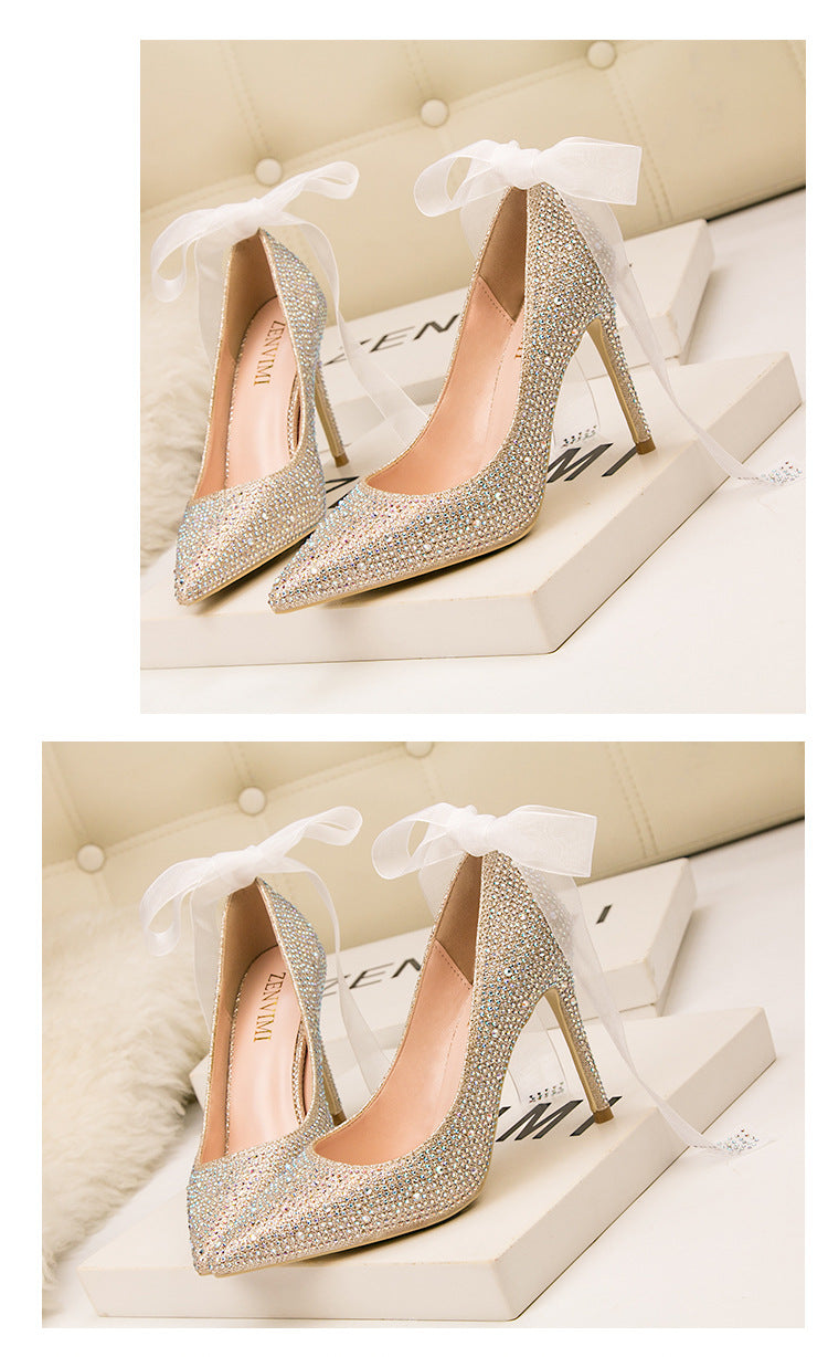 Pointed sexy rhinestones colored diamonds wedding banquet high heels