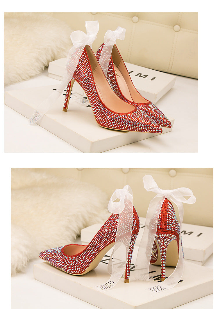 Pointed sexy rhinestones colored diamonds wedding banquet high heels