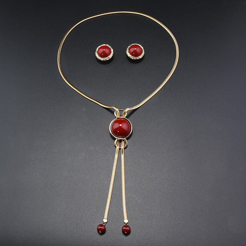 Elegant Red Stone Gold Tassel Jewelry Set for Formal Dinners