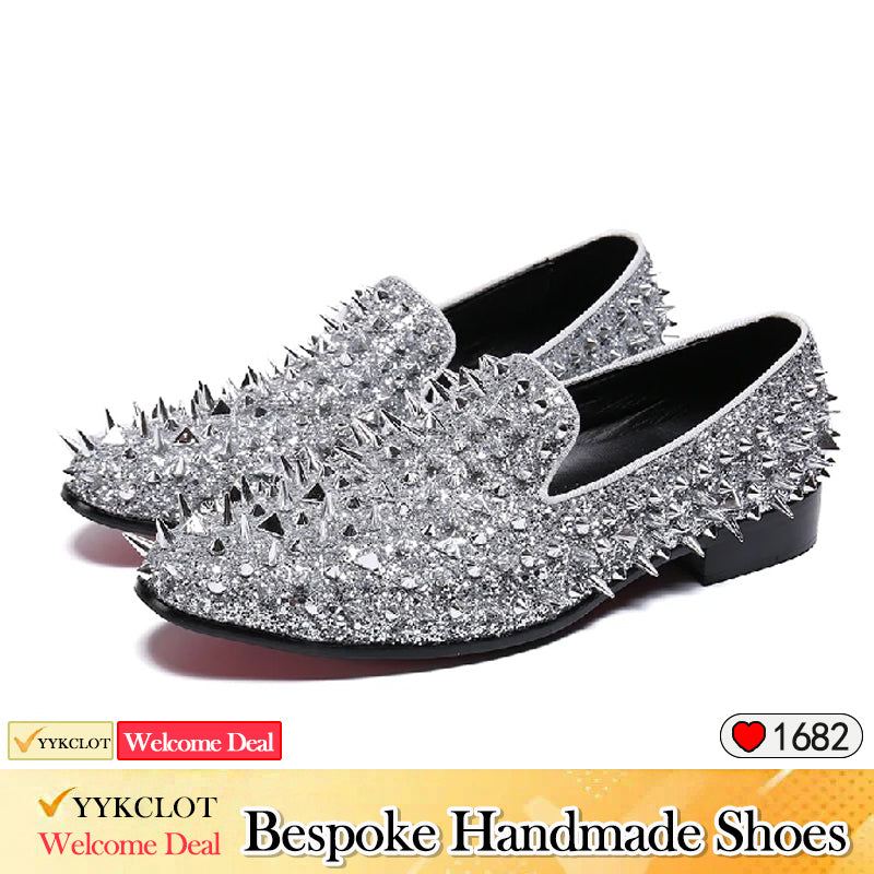 Silver handmade studded party shoes Men's glitter dress shoes