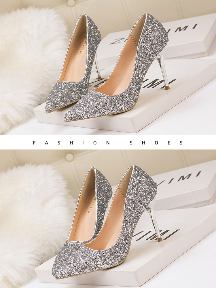 Nightclub tip gradual change sequined high heels