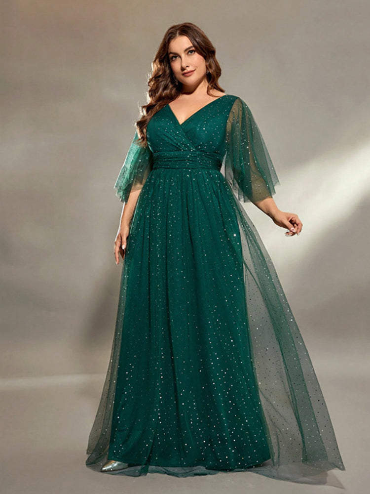 Green plus size fashionable sequin curved mesh dress