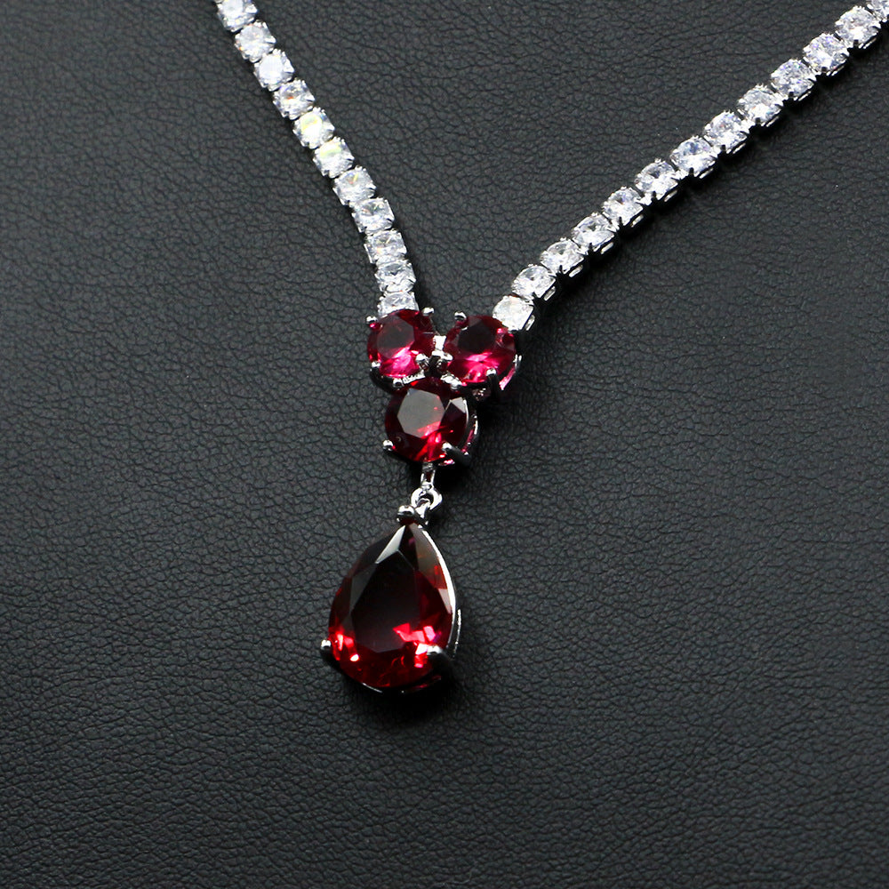 Luxury Ruby Red Crystal Necklace Earrings Set – Elegant Jewelry for Women