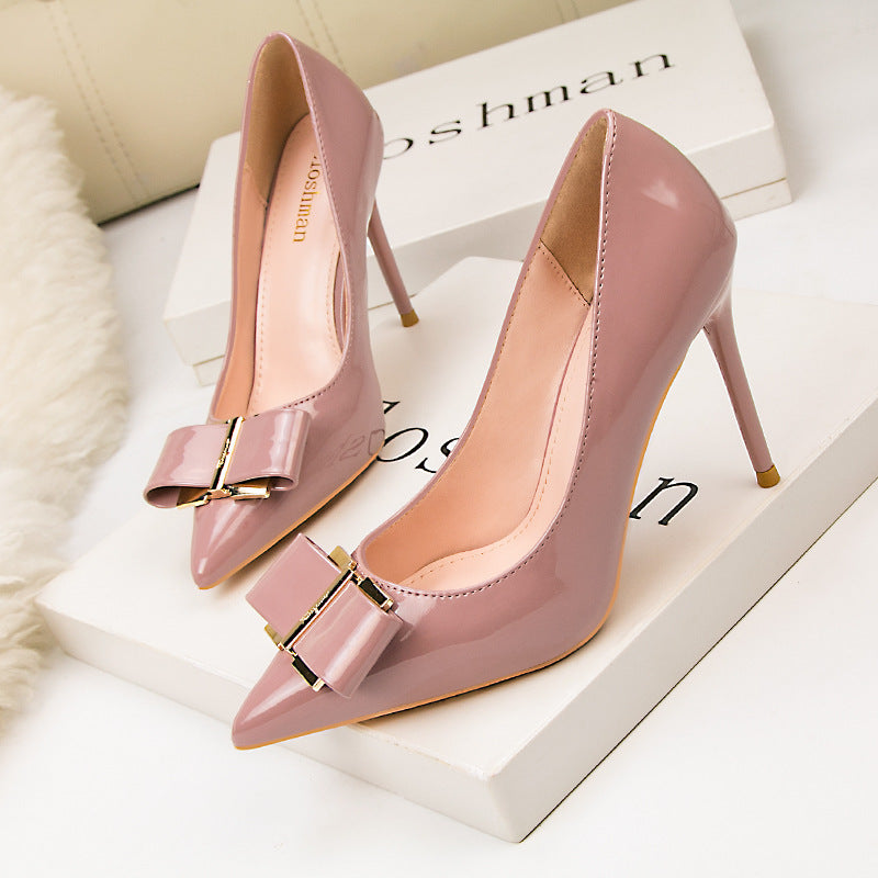 Simple pointed bow light mouth high heels