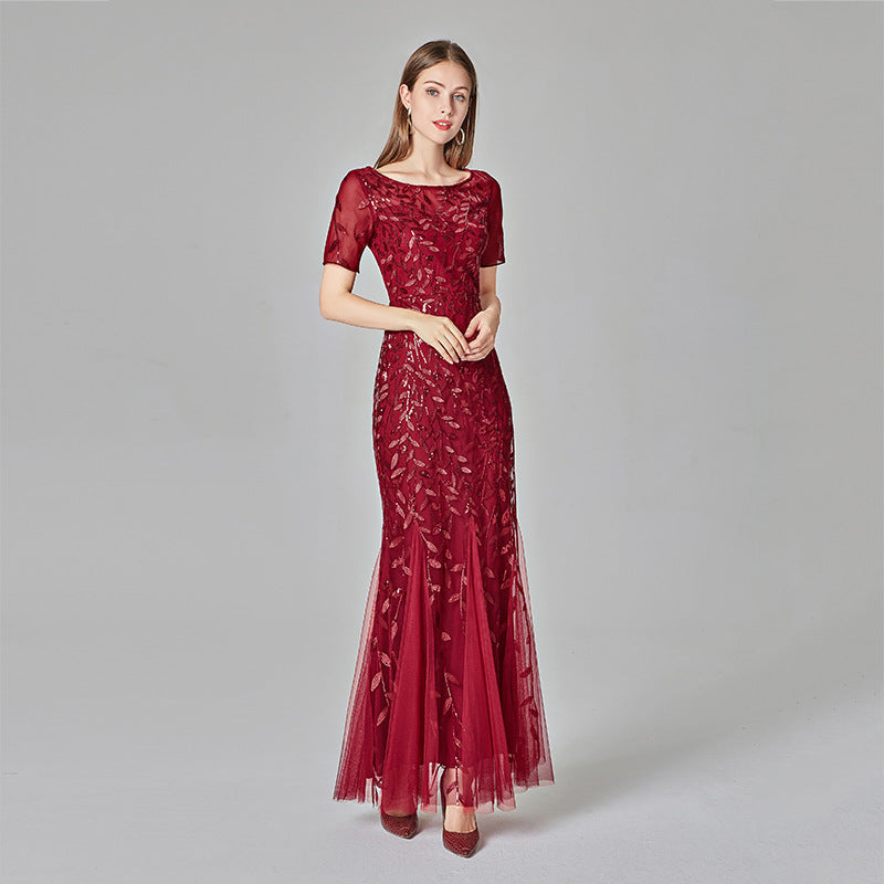 Lace sequin embroidered V-neck dress