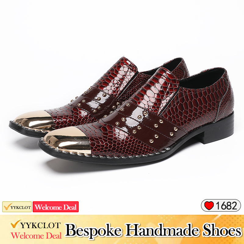 Red flat head snake skin rivet party dress shoes